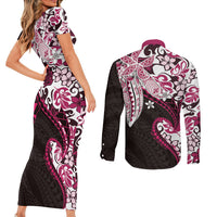 Monstera Plumeria Flowers Pink Couples Matching Short Sleeve Bodycon Dress and Long Sleeve Button Shirt Polynesian Pattern LT01 - Polynesian Pride