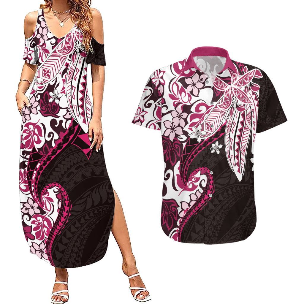 Monstera Plumeria Flowers Pink Couples Matching Summer Maxi Dress and Hawaiian Shirt Polynesian Pattern LT01 Pink - Polynesian Pride