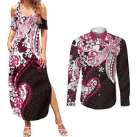 Monstera Plumeria Flowers Pink Couples Matching Summer Maxi Dress and Long Sleeve Button Shirt Polynesian Pattern LT01 Pink - Polynesian Pride