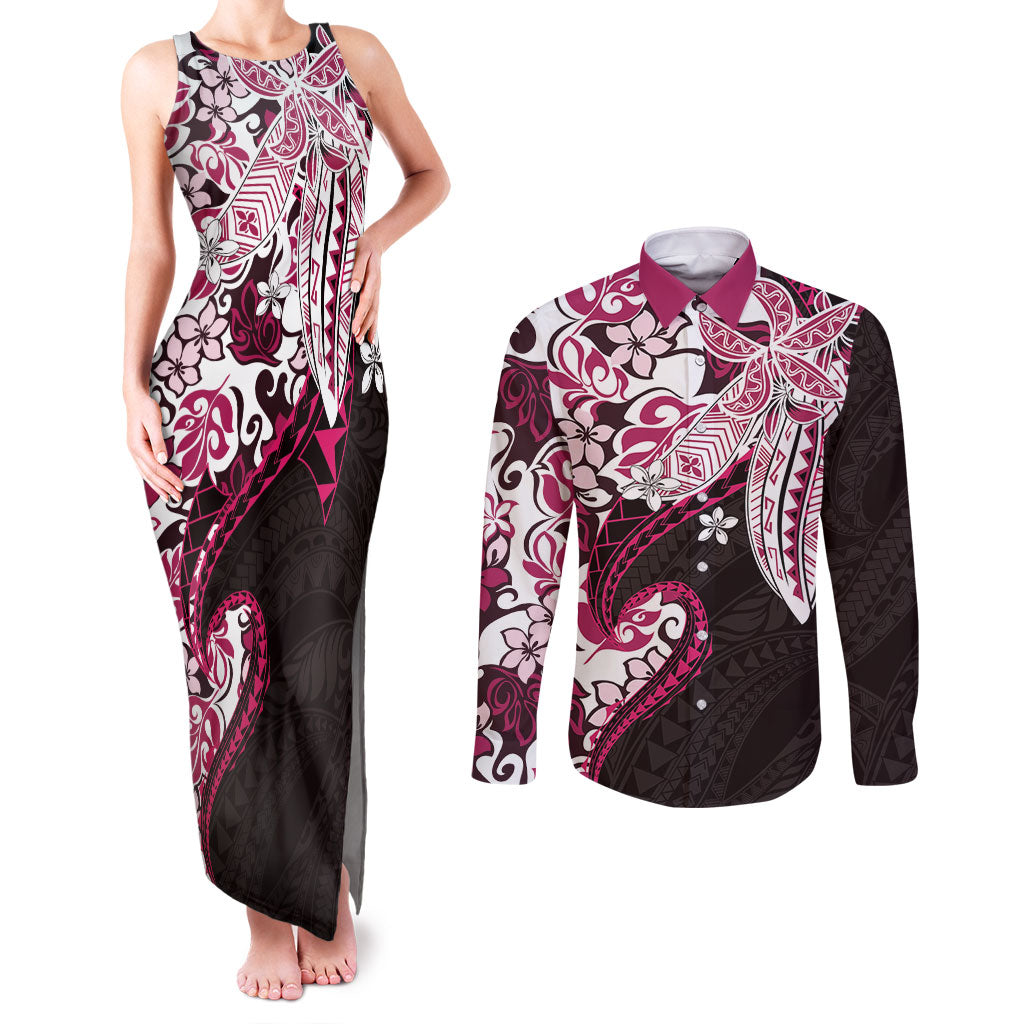 Monstera Plumeria Flowers Pink Couples Matching Tank Maxi Dress and Long Sleeve Button Shirt Polynesian Pattern LT01 Pink - Polynesian Pride