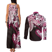 Monstera Plumeria Flowers Pink Couples Matching Tank Maxi Dress and Long Sleeve Button Shirt Polynesian Pattern LT01 - Polynesian Pride
