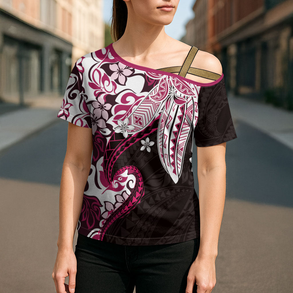 Monstera Plumeria Flowers Pink Cross Shoulder Shirt Polynesian Pattern LT01 - Polynesian Pride