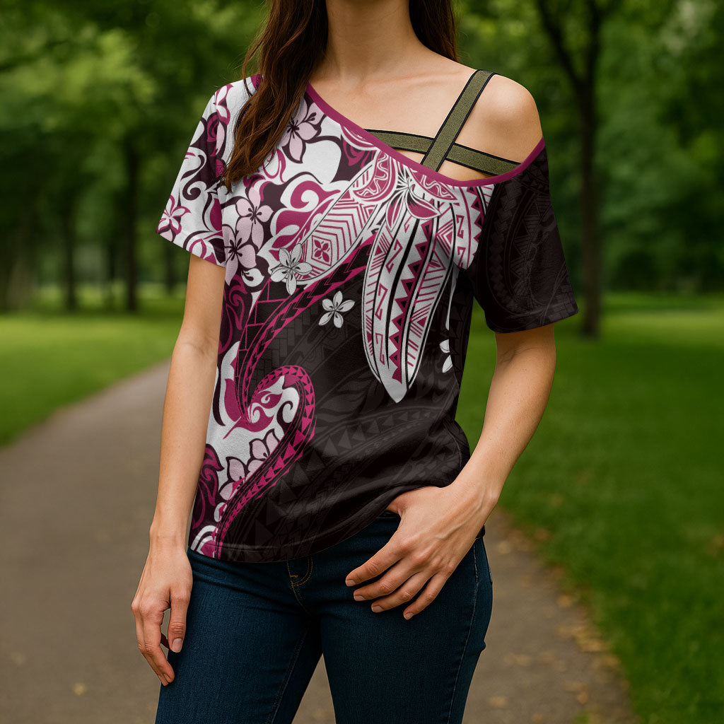 Monstera Plumeria Flowers Pink Cross Shoulder Shirt Polynesian Pattern LT01 - Polynesian Pride