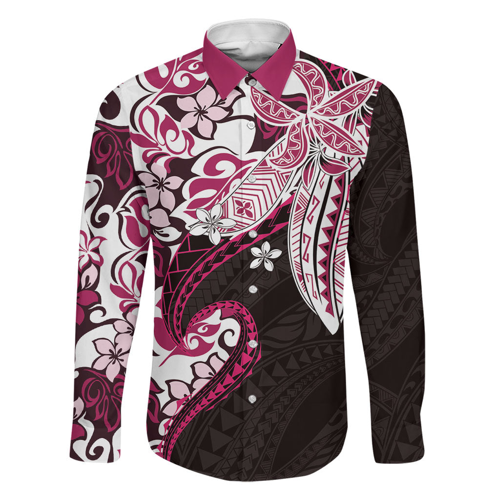 Monstera Plumeria Flowers Pink Family Matching Long Sleeve Bodycon Dress and Hawaiian Shirt Polynesian Pattern