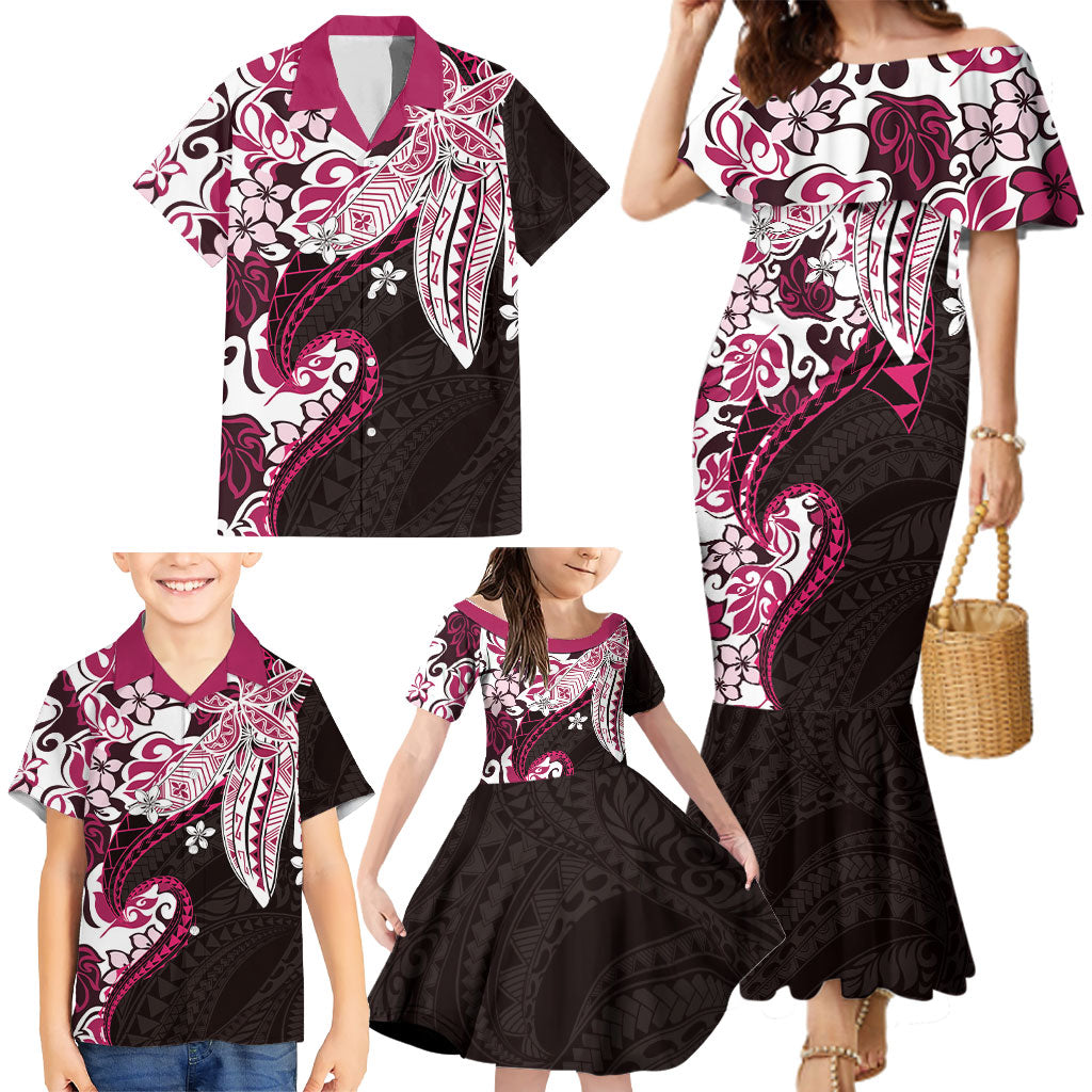 Monstera Plumeria Flowers Pink Family Matching Mermaid Dress and Hawaiian Shirt Polynesian Pattern LT01 - Polynesian Pride
