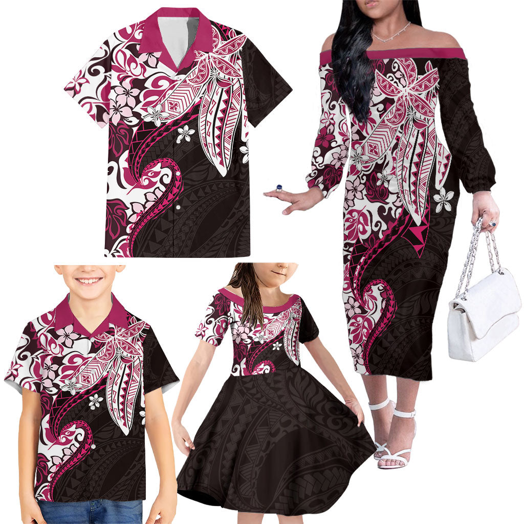 Monstera Plumeria Flowers Pink Family Matching Off The Shoulder Long Sleeve Dress and Hawaiian Shirt Polynesian Pattern