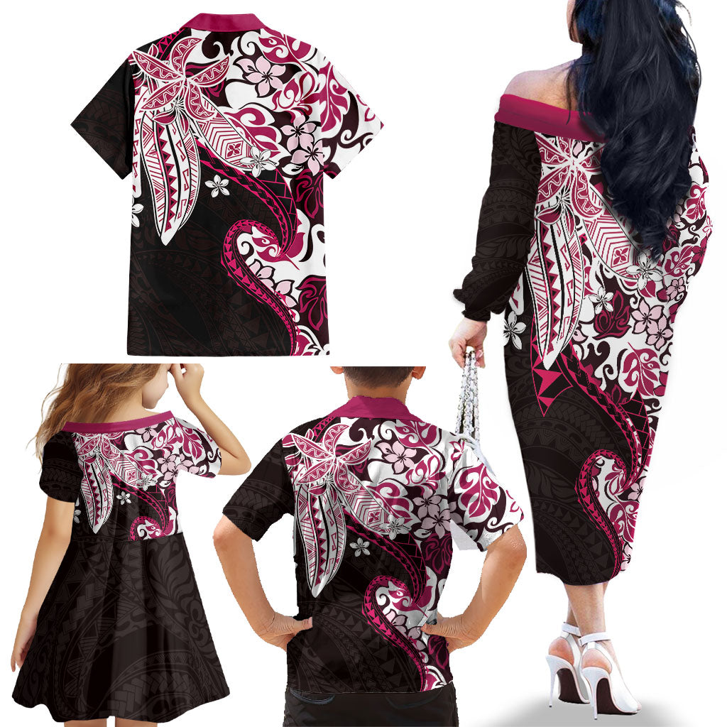Monstera Plumeria Flowers Pink Family Matching Off The Shoulder Long Sleeve Dress and Hawaiian Shirt Polynesian Pattern