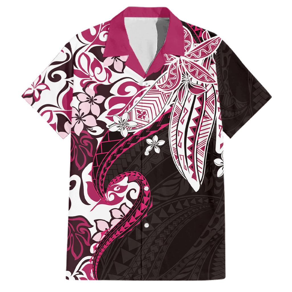 Monstera Plumeria Flowers Pink Family Matching Off The Shoulder Long Sleeve Dress and Hawaiian Shirt Polynesian Pattern