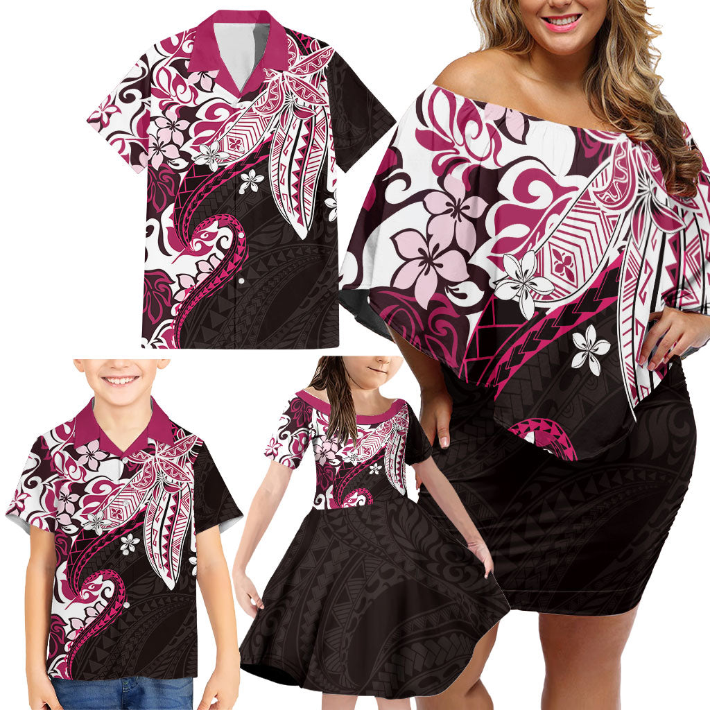 Monstera Plumeria Flowers Pink Family Matching Off Shoulder Short Dress and Hawaiian Shirt Polynesian Pattern LT01 - Polynesian Pride
