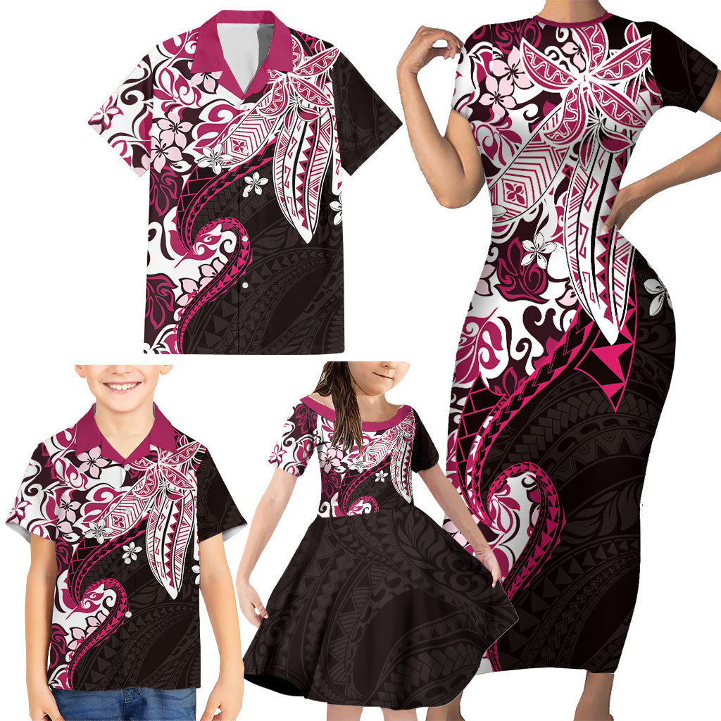 Monstera Plumeria Flowers Pink Family Matching Short Sleeve Bodycon Dress and Hawaiian Shirt Polynesian Pattern LT01 - Polynesian Pride