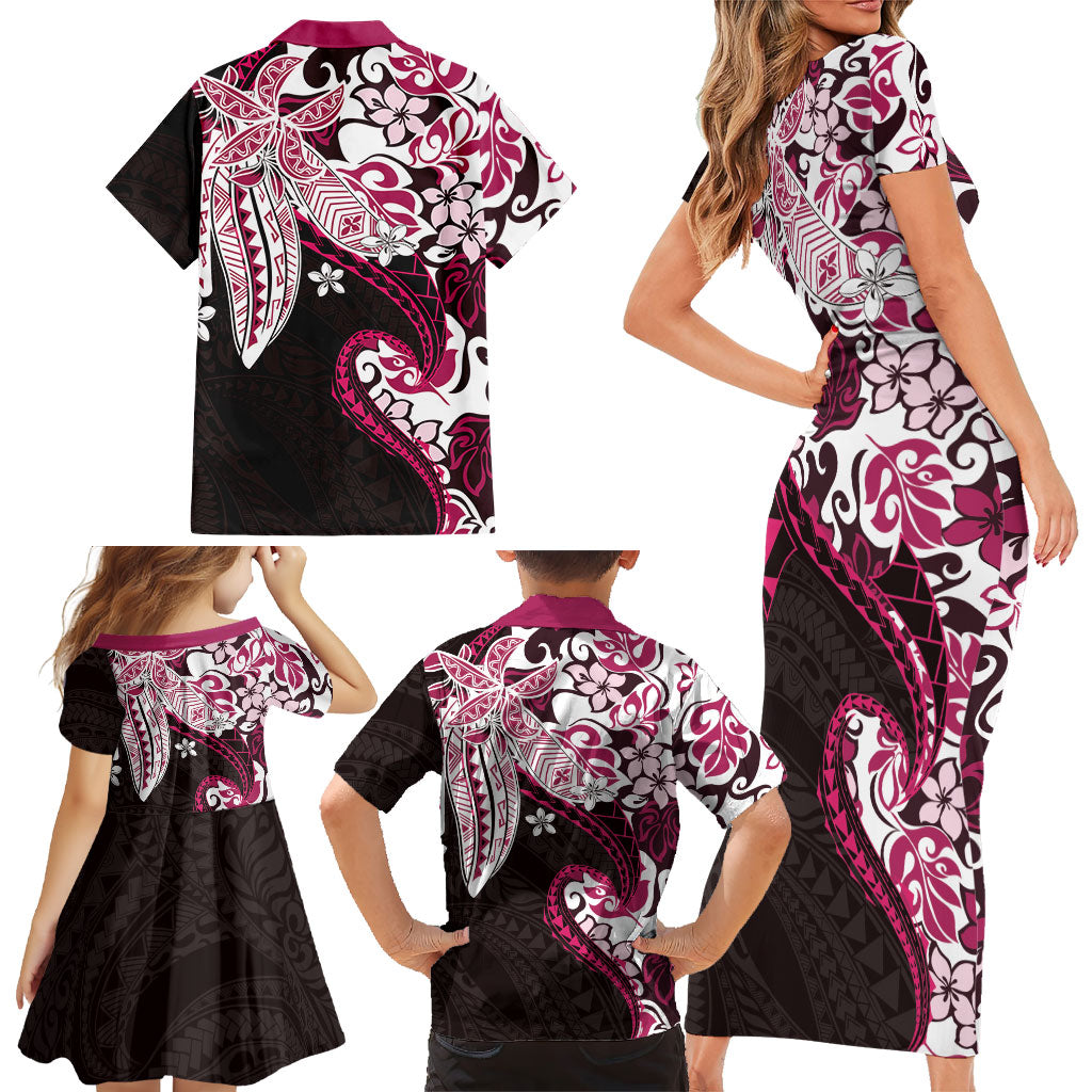 Monstera Plumeria Flowers Pink Family Matching Short Sleeve Bodycon Dress and Hawaiian Shirt Polynesian Pattern