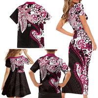 Monstera Plumeria Flowers Pink Family Matching Short Sleeve Bodycon Dress and Hawaiian Shirt Polynesian Pattern