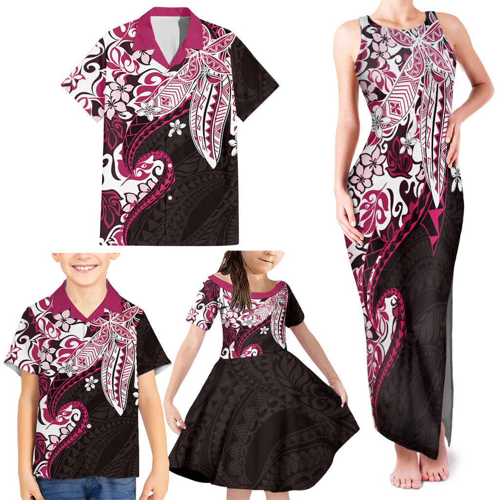 Monstera Plumeria Flowers Pink Family Matching Tank Maxi Dress and Hawaiian Shirt Polynesian Pattern