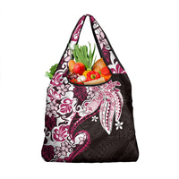 Monstera Plumeria Flowers Pink Grocery Bag Polynesian Pattern