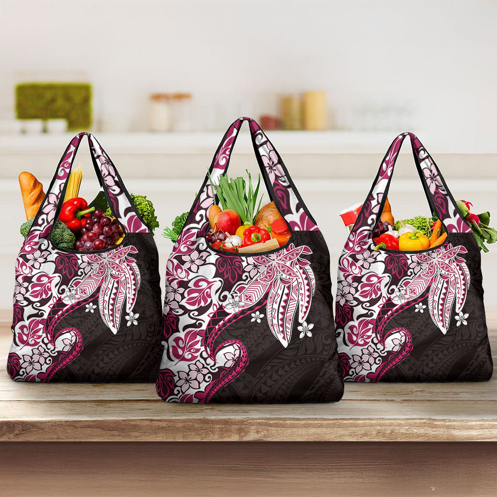 Monstera Plumeria Flowers Pink Grocery Bag Polynesian Pattern