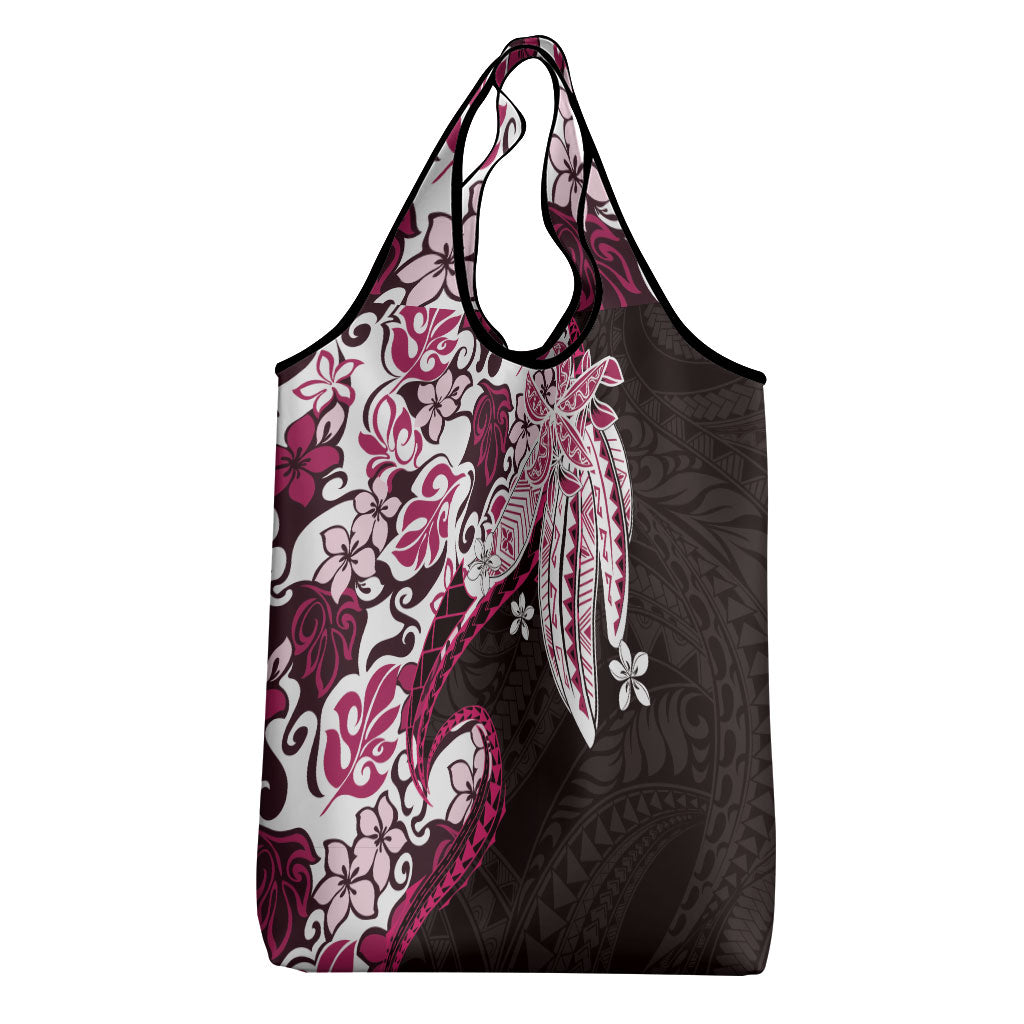 Monstera Plumeria Flowers Pink Grocery Bag Polynesian Pattern