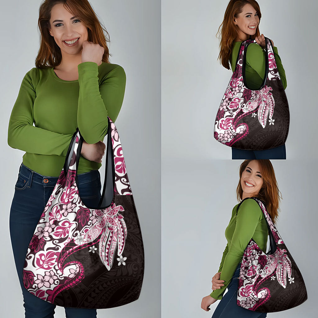 Monstera Plumeria Flowers Pink Grocery Bag Polynesian Pattern