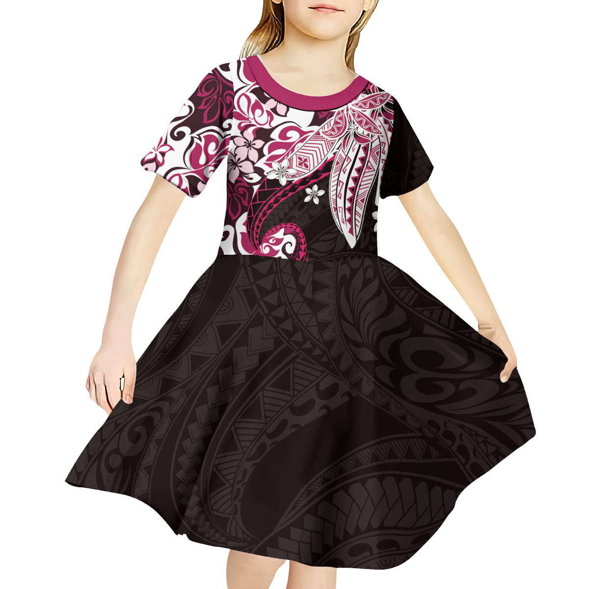 Monstera Plumeria Flowers Pink Kid Short Sleeve Dress Polynesian Pattern LT01 - Polynesian Pride