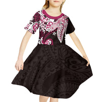 Monstera Plumeria Flowers Pink Kid Short Sleeve Dress Polynesian Pattern LT01 - Polynesian Pride