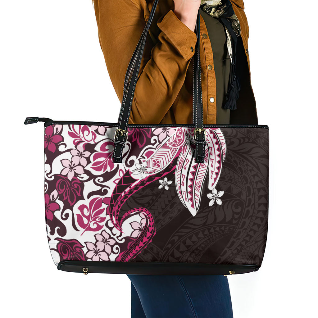 Monstera Plumeria Flowers Pink Leather Tote Bag Polynesian Pattern LT01 - Polynesian Pride