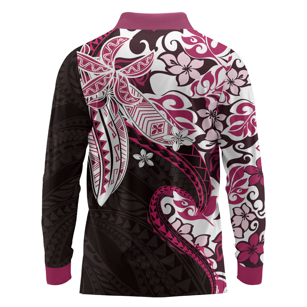 Monstera Plumeria Flowers Pink Long Sleeve Polo Shirt Polynesian Pattern LT01 - Polynesian Pride