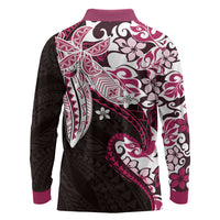Monstera Plumeria Flowers Pink Long Sleeve Polo Shirt Polynesian Pattern LT01 - Polynesian Pride