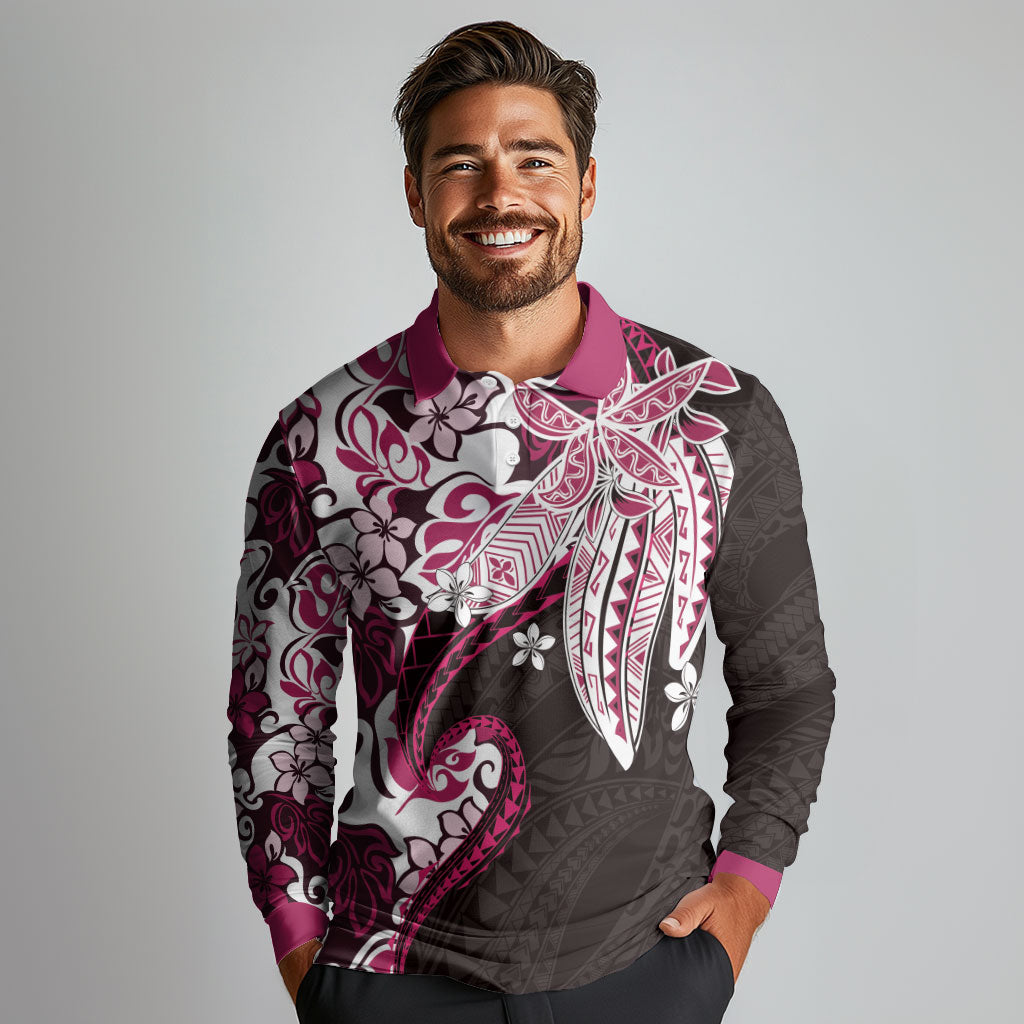 Monstera Plumeria Flowers Pink Long Sleeve Polo Shirt Polynesian Pattern LT01 - Polynesian Pride