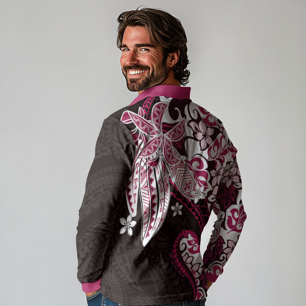 Monstera Plumeria Flowers Pink Long Sleeve Polo Shirt Polynesian Pattern LT01 - Polynesian Pride