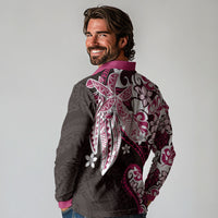 Monstera Plumeria Flowers Pink Long Sleeve Polo Shirt Polynesian Pattern LT01 - Polynesian Pride