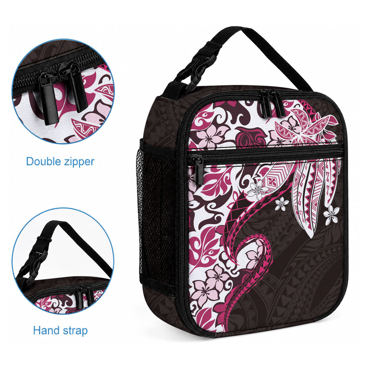 Monstera Plumeria Flowers Pink Lunch Bag Polynesian Pattern