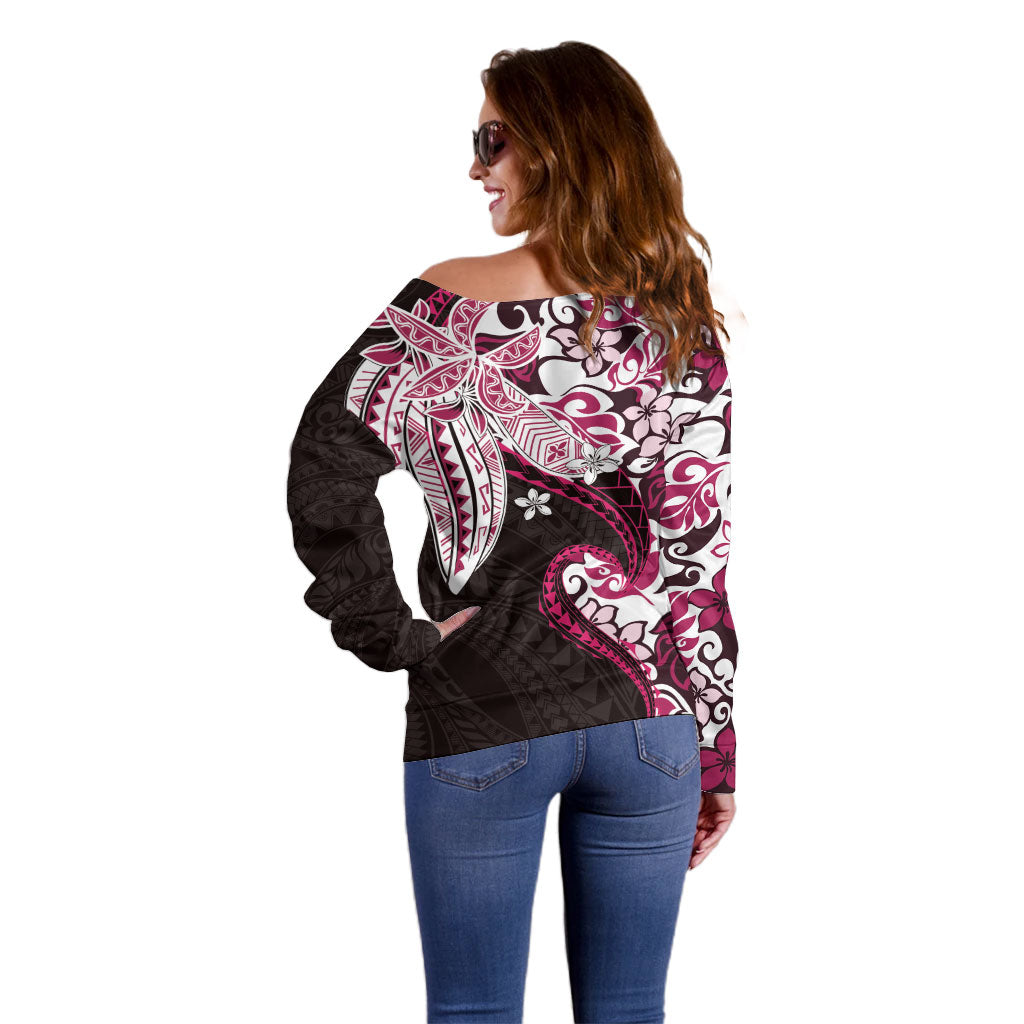 Monstera Plumeria Flowers Pink Off Shoulder Sweater Polynesian Pattern LT01 - Polynesian Pride
