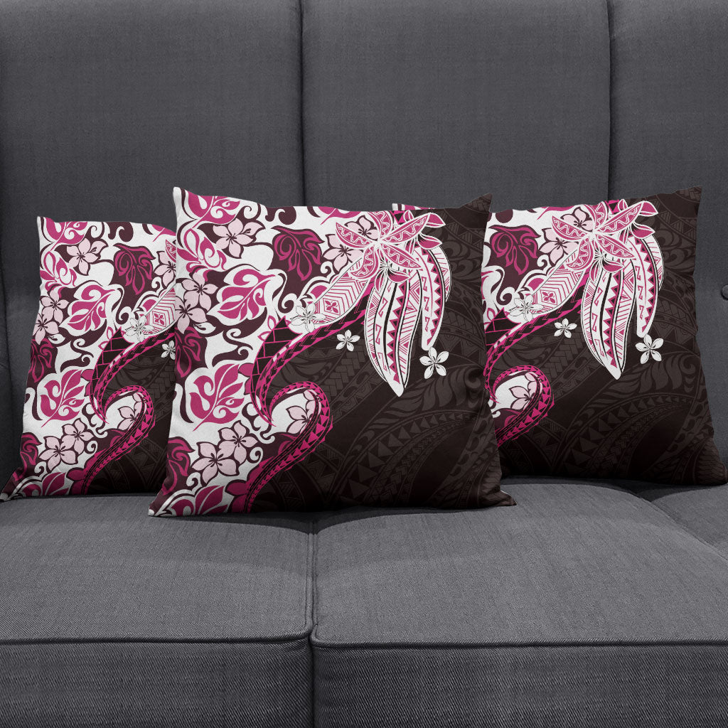 Monstera Plumeria Flowers Pink Pillow Cover Polynesian Pattern