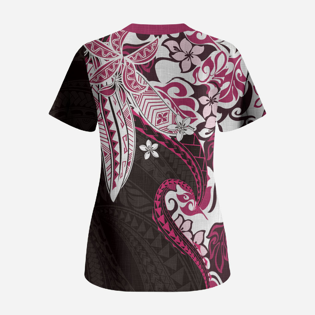 Monstera Plumeria Flowers Pink Scrub Top Polynesian Pattern LT01 - Polynesian Pride
