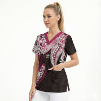 Monstera Plumeria Flowers Pink Scrub Top Polynesian Pattern LT01 - Polynesian Pride