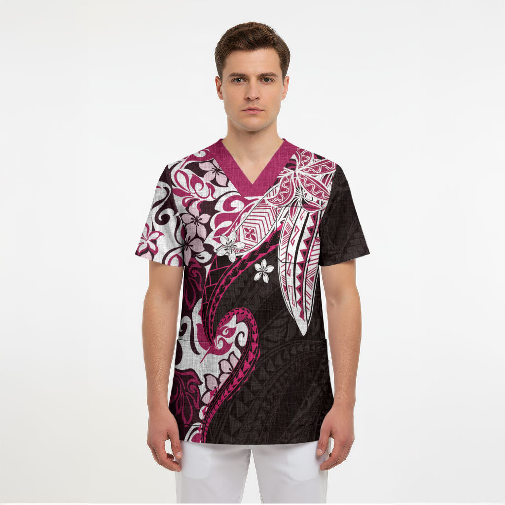 Monstera Plumeria Flowers Pink Scrub Top Polynesian Pattern LT01 - Polynesian Pride