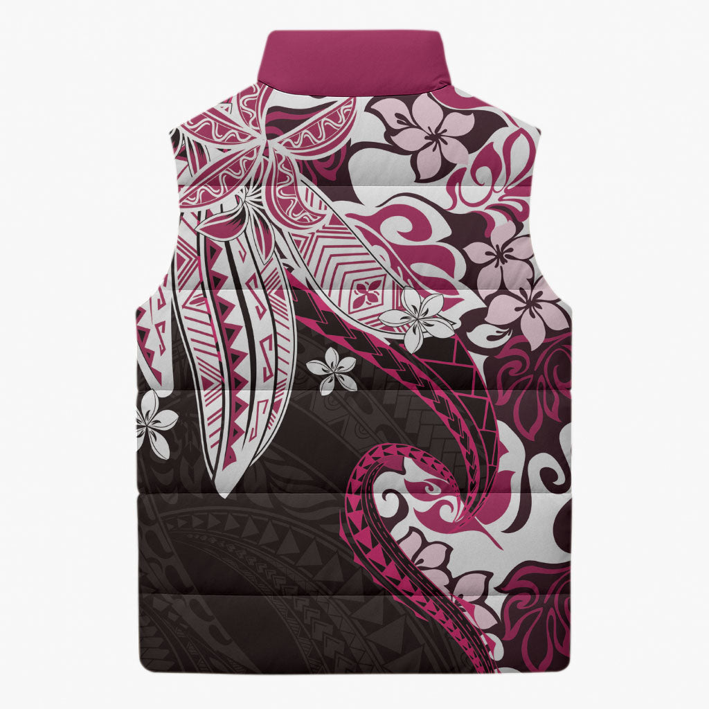 Monstera Plumeria Flowers Pink Sleeveless Puffer Jacket Polynesian Pattern LT01 - Polynesian Pride