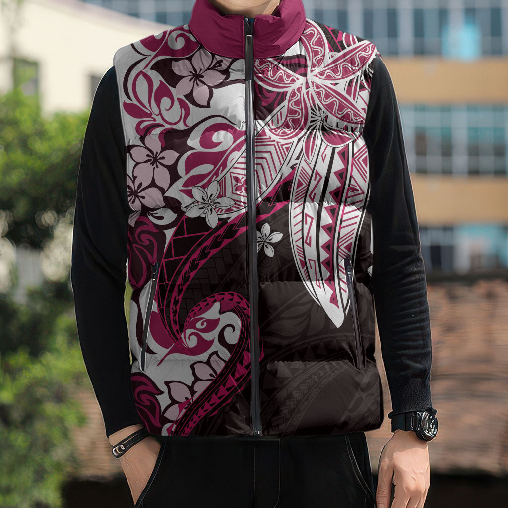 Monstera Plumeria Flowers Pink Sleeveless Puffer Jacket Polynesian Pattern LT01 - Polynesian Pride