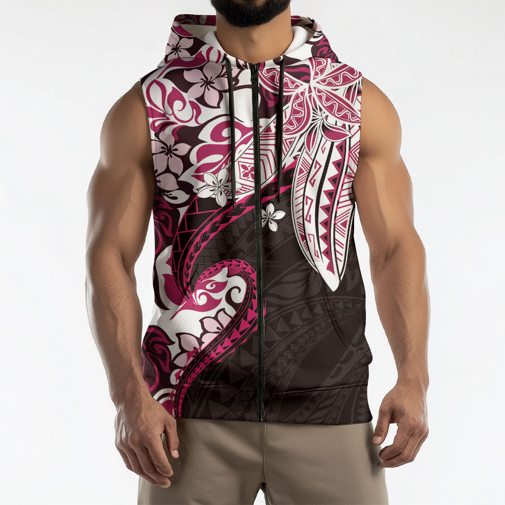 Monstera Plumeria Flowers Pink Sleeveless Zip Hoodie Polynesian Pattern LT01 - Polynesian Pride