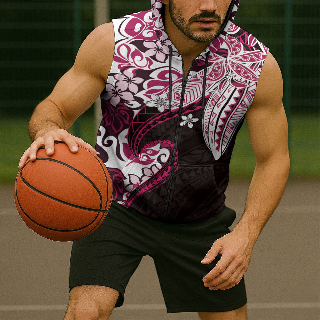 Monstera Plumeria Flowers Pink Sleeveless Zip Hoodie Polynesian Pattern LT01 - Polynesian Pride