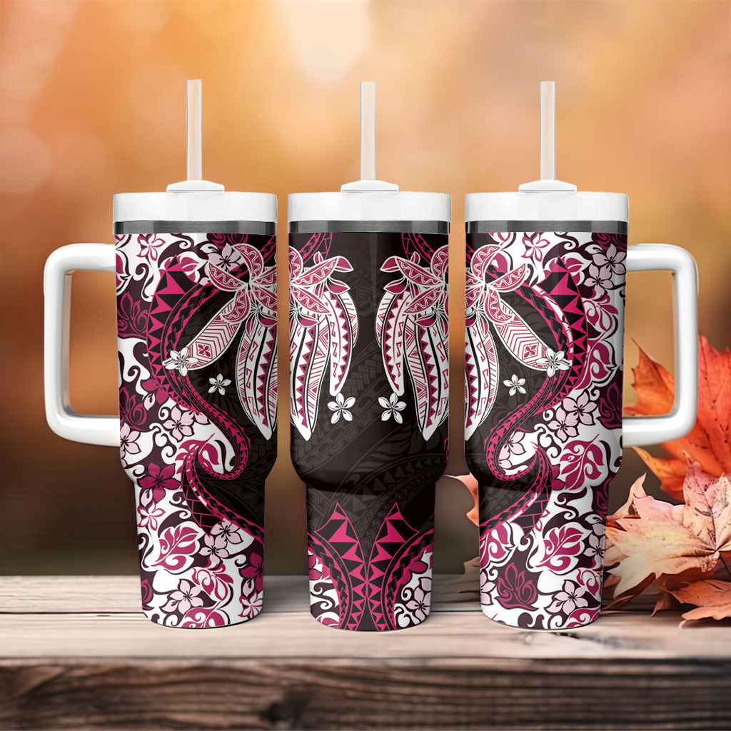 Monstera Plumeria Flowers Pink Tumbler With Handle Polynesian Pattern LT01 - Polynesian Pride