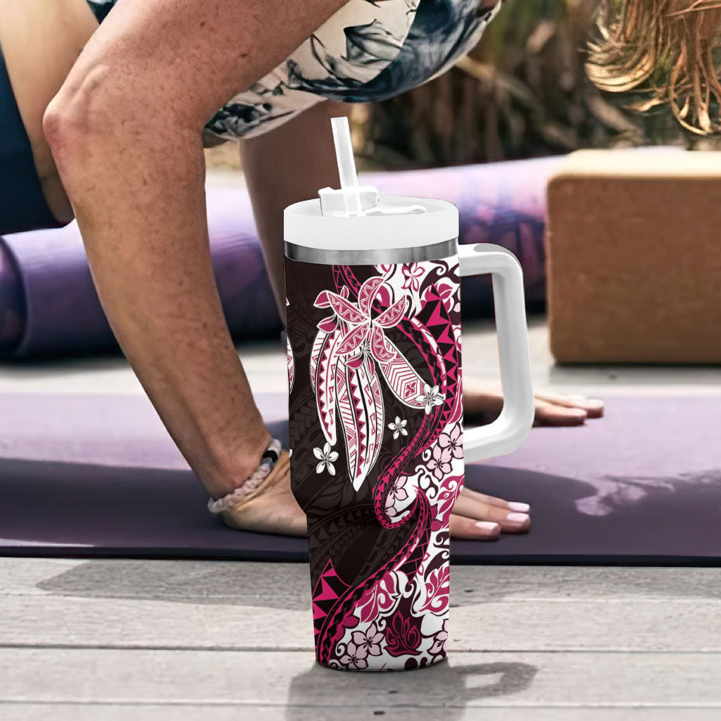 Monstera Plumeria Flowers Pink Tumbler With Handle Polynesian Pattern LT01 - Polynesian Pride