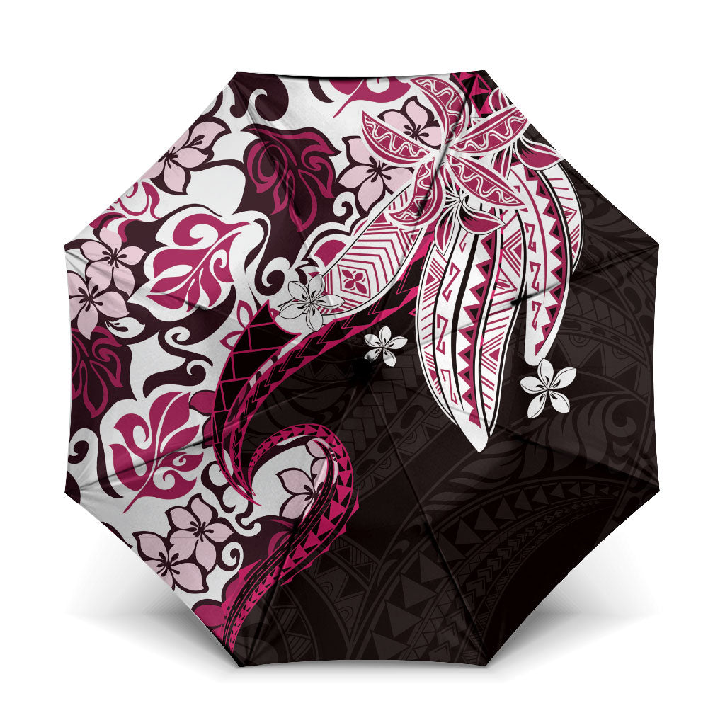 Monstera Plumeria Flowers Pink Umbrella Polynesian Pattern LT01 One Size Folded 11.42 inch Opened Diameter 37.4 inch Pink - Polynesian Pride