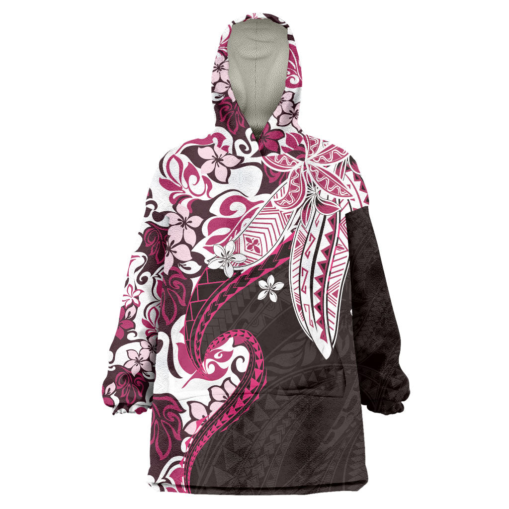 Monstera Plumeria Flowers Pink Wearable Blanket Hoodie Polynesian Pattern LT01 One Size Pink - Polynesian Pride