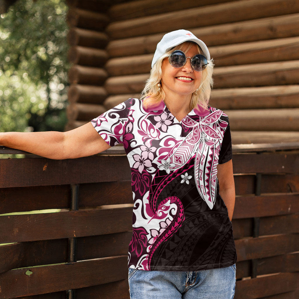 Monstera Plumeria Flowers Pink Women Polo Shirt Polynesian Pattern LT01 - Polynesian Pride