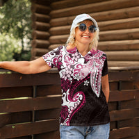 Monstera Plumeria Flowers Pink Women Polo Shirt Polynesian Pattern LT01 - Polynesian Pride