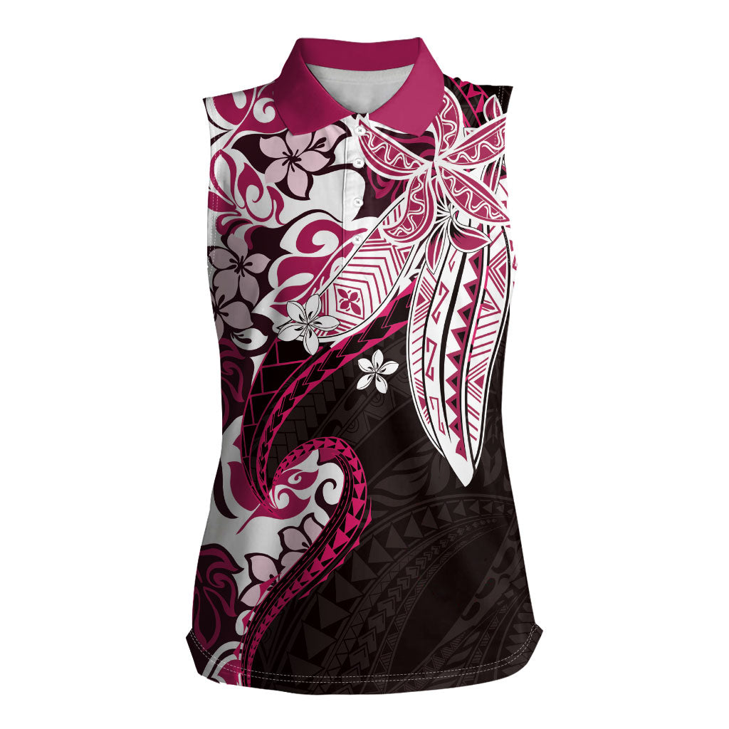Monstera Plumeria Flowers Pink Women Sleeveless Polo Shirt Polynesian Pattern LT01 Female Pink - Polynesian Pride