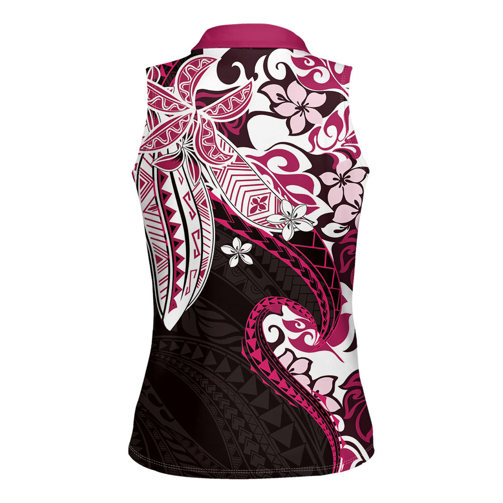 Monstera Plumeria Flowers Pink Women Sleeveless Polo Shirt Polynesian Pattern LT01 - Polynesian Pride
