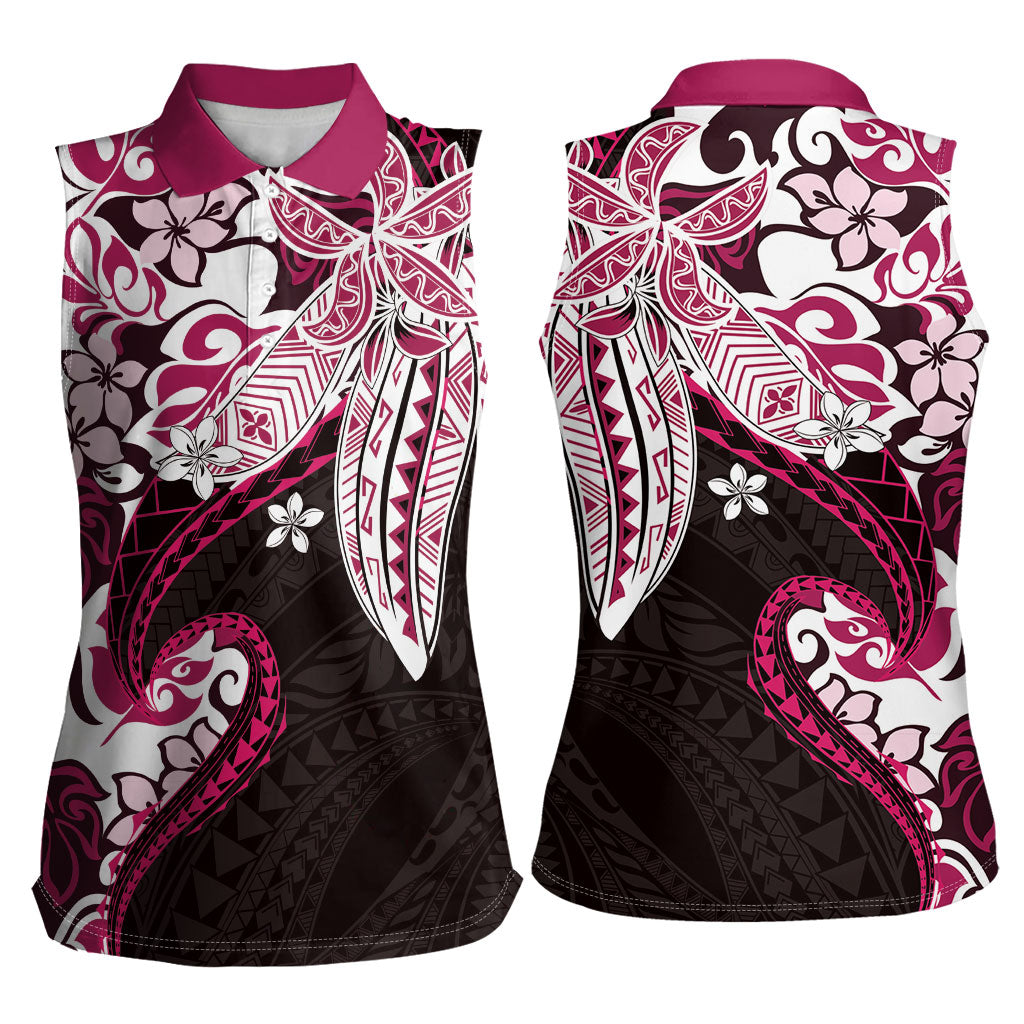 Monstera Plumeria Flowers Pink Women Sleeveless Polo Shirt Polynesian Pattern LT01 - Polynesian Pride