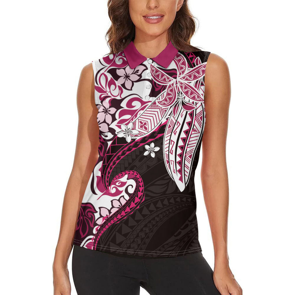 Monstera Plumeria Flowers Pink Women Sleeveless Polo Shirt Polynesian Pattern LT01 - Polynesian Pride