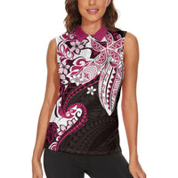 Monstera Plumeria Flowers Pink Women Sleeveless Polo Shirt Polynesian Pattern LT01 - Polynesian Pride